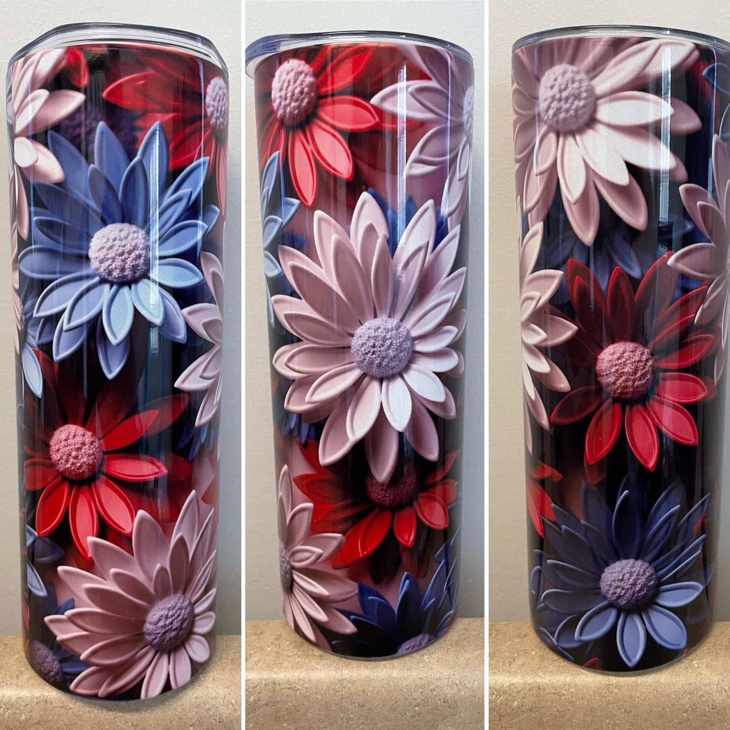 3D Red White Blue Flowers 20 oz Tumbler