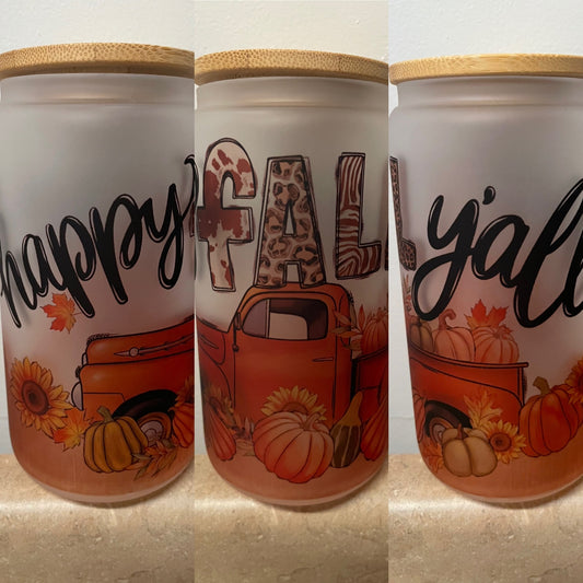 Happy Fall Y’all 16 oz glass tumbler